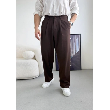 ACI KAHVE TEK PİLELİ BAGGY KALIP KUMAŞ PANTOLON