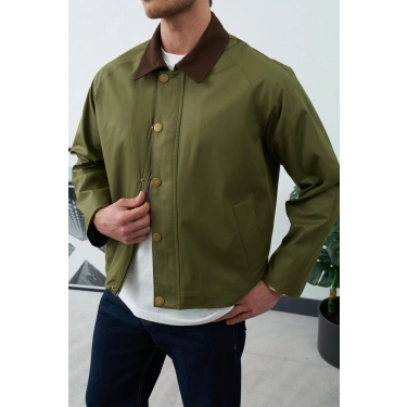 HAKİ YEŞİL KADİFE YAKA MEVSİMLİK CEKET