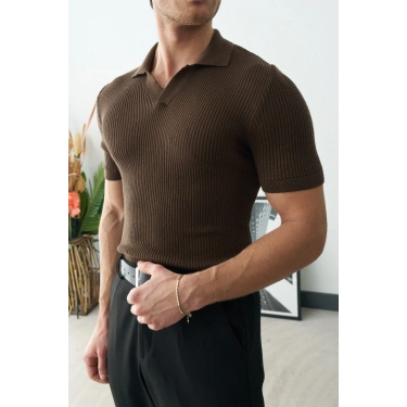 POLO YAKA ÖRME TRİKO KAHVERENGİ