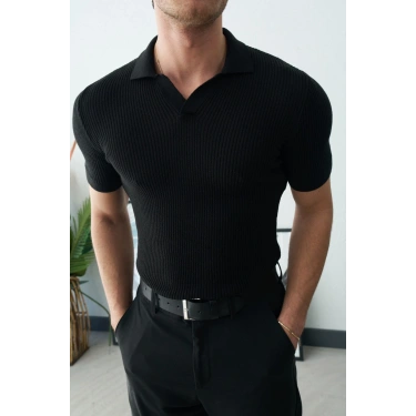 POLO YAKA ÖRME TRİKO SİYAH