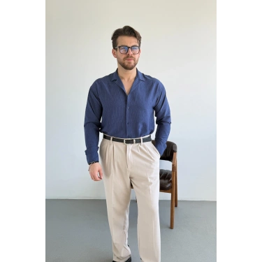 LACİVERT APAŞ YAKA ÇİZGİLİ GÖMLEK