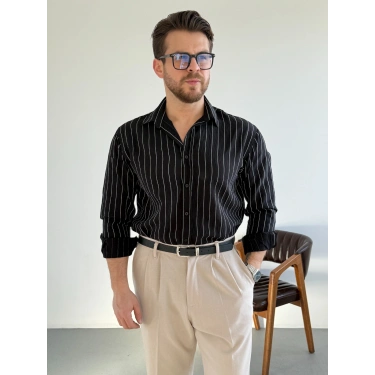 SİYAH MODAL ÇİZGİLİ GÖMLEK