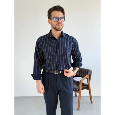 LACİVERT MODAL ÇİZGİLİ GÖMLEK