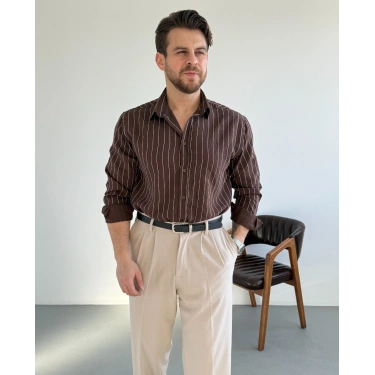 KAHVERENGİ MODAL ÇİZGİLİ GÖMLEK