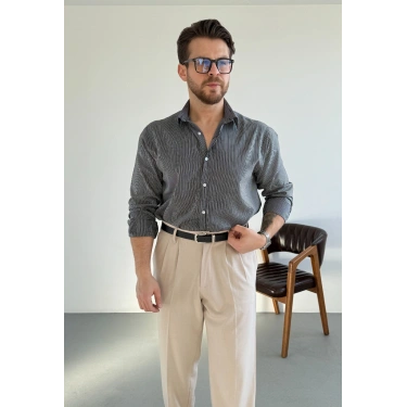 SİYAH İNCE ÇİZGİLİ REGULAR GÖMLEK