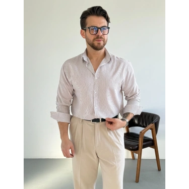 BORDO İNCE ÇİZGİLİ REGULAR GÖMLEK