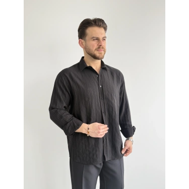 SİYAH VİSKON KUMAŞ REGULER ÇİZGİLİ GÖMLEK