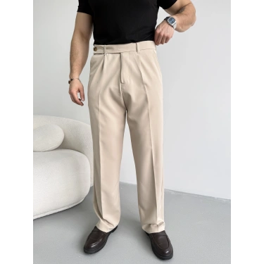 BEJ UZUN KEMERLİ BAGGY KALIP KUMAŞ PANTOLON