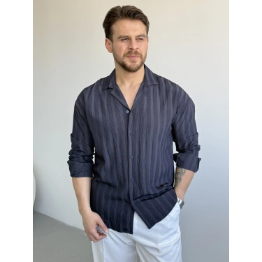 LACİVERT APAŞ YAKA ŞERİT DETAYLI GÖMLEK