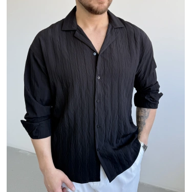 SİYAH APAŞ YAKA ŞERİT DETAYLI GÖMLEK