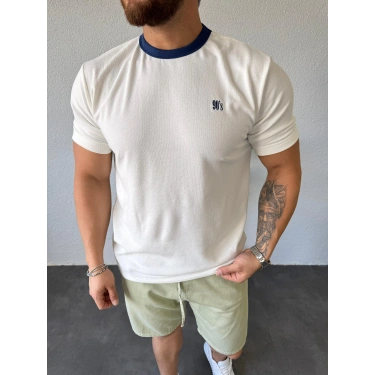 90s Tişört Beyaz - Lacivert Yaka