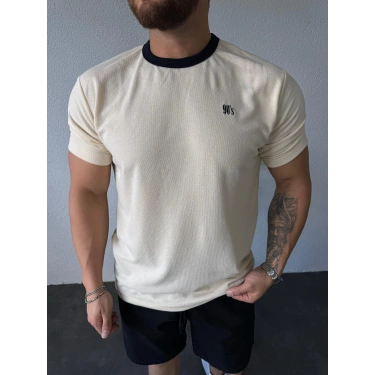 90s Tişört Krem - Siyah Yaka