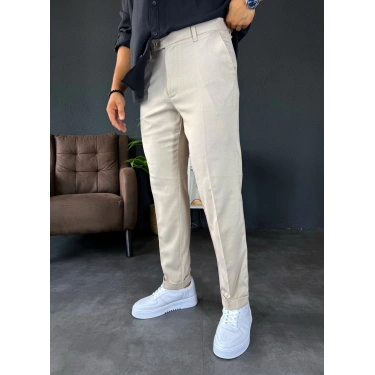 Boyfriend Kalıp Duble Paça Kumaş Pantolon Bej