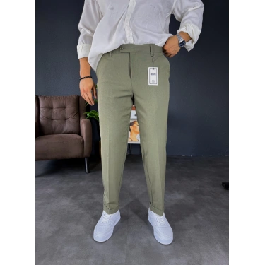 Boyfriend Kalıp Duble Paça Kumaş Pantolon Haki