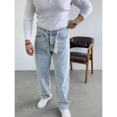 Buz Mavi Kendinden Kemerli Düz Çimalı Kot Pantolon