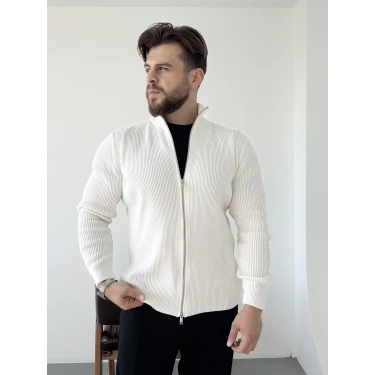 Çift Fermuarlı Örme Ceket Beyaz