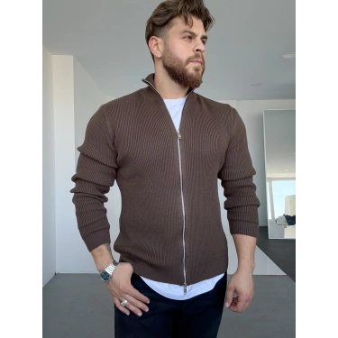 Çift Fermuarlı Örme Ceket Kahverengi