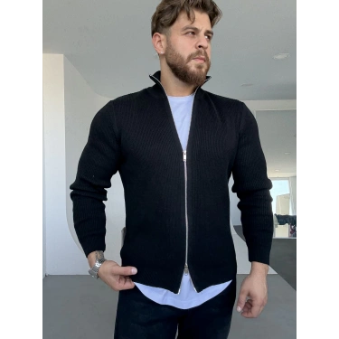 Çift Fermuarlı Örme Ceket Siyah