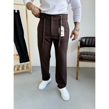 Çizgi Şerit Detaylı Kumaş Pantolon Acı Kahve