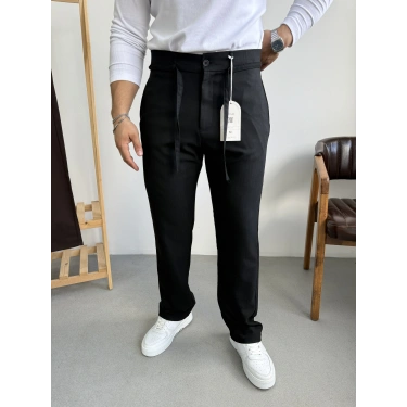 Çizgi Şerit Detaylı Kumaş Pantolon Siyah