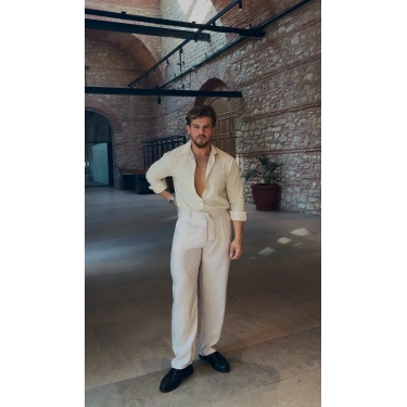 Çizgili Bej Gömlek - Modal Kumaş Kendinden Kemerli Taş Gri Pantolon Kombin