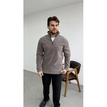 Dik Yaka Yarım Fermuar Polar Gri