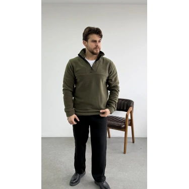 Dik Yaka Yarım Fermuar Polar Haki Yeşil