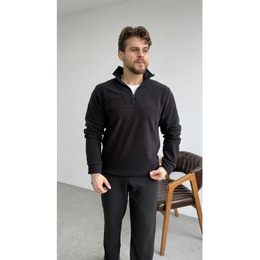 Dik Yaka Yarım Fermuar Polar Siyah