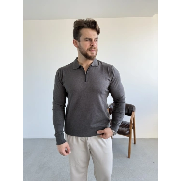 Fermuar Yaka Triko Nardo Gri