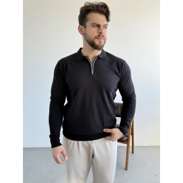 Fermuar Yaka Triko Siyah