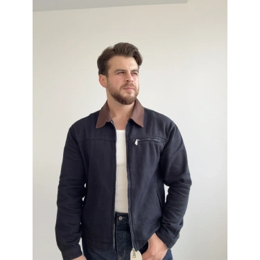 Gabardin Fermuarlı Ceket Lacivert/Kahve