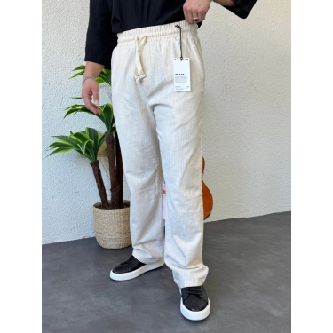Giesto GG Nakışlı Keten Baggy Pantolon Bej