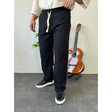 Giesto GG Nakışlı Keten Baggy Pantolon Siyah