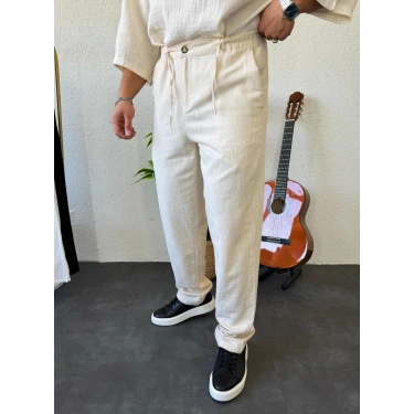 Giesto Ham Keten Boyfriend Pantolon Bej