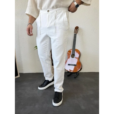 Giesto Ham Keten Boyfriend Pantolon Beyaz