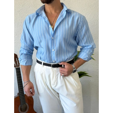 Giesto Modal Kumaş Çizgili Gömlek Bebe Mavisi