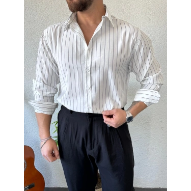 Giesto Modal Kumaş Çizgili Gömlek Beyaz