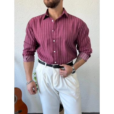 Giesto Modal Kumaş Çizgili Gömlek Bordo