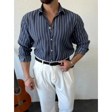 Giesto Modal Kumaş Çizgili Gömlek Lacivert