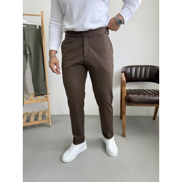 İtalyan Kesim Tokalı Boyfriend Pantolon Kahverengi