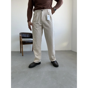 Kadife Kumaş Baggy Kalıp Pantolon Bej