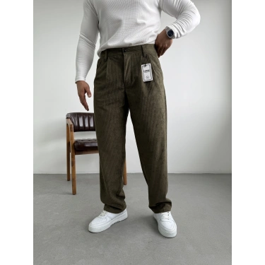 Kadife Kumaş Baggy Kalıp Pantolon Haki Yeşil