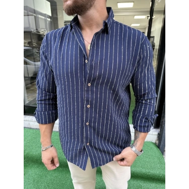 Lacivert Çizgili Regular Kalıp Gömlek