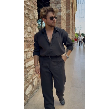 Modal Kumaş Gömlek Siyah - Kendinden Kemerli Modal Kumaş Siyah Pantolon Kombin