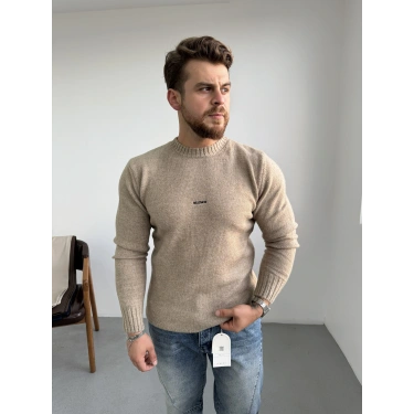 Nakış Detaylı Bisiklet Yaka Kazak Kahverengi