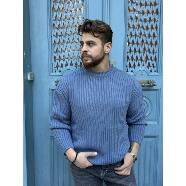 Oversize Kalıp Kalın Fitilli Kazak İndigo