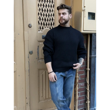 Oversize Kalıp Kalın Fitilli Kazak Siyah