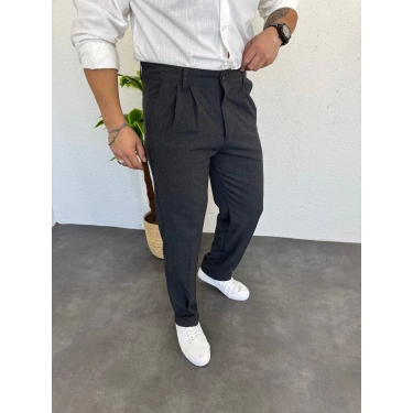 Pileli Baggy Kumaş Pantolon Antrasit Gri