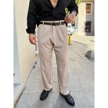 Pileli Baggy Kumaş Pantolon Krem