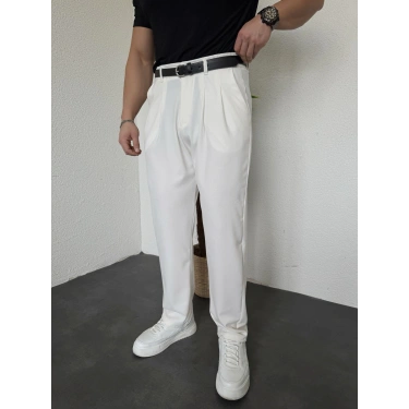 Pileli Bagy Kumaş Pantolon Beyaz